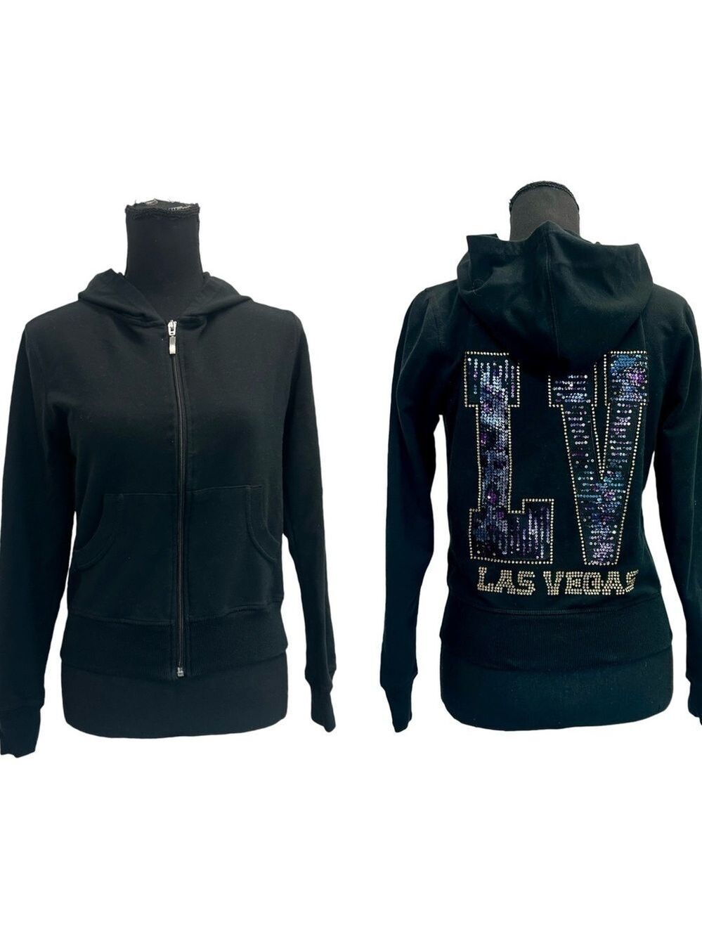 Las Vegas LV black blue purple sequin metallic gold rhinestone full zip hoodie L